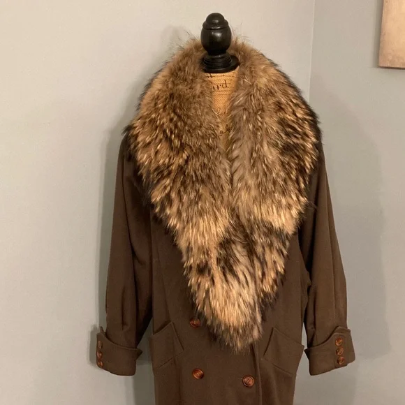 Vintage Gemini Army Green 100% Wool Trench Coat with Raccoon Fur Collar Women XL - Picture 4 of 16